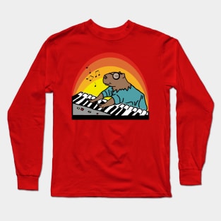 Funny Capybara Wearing Glasses Playing Piano Music Long Sleeve T-Shirt